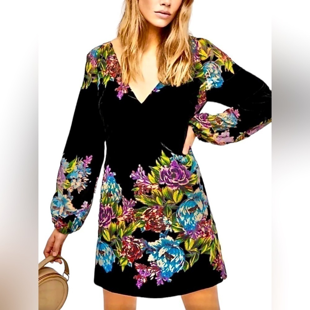 Free People Black Mini Dress with Multicolor Floral Print
